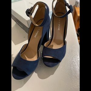 NWOT Sun + Stone Reeta 7.5W Twilight Blue Ankle Strap Sexy Platform Heels